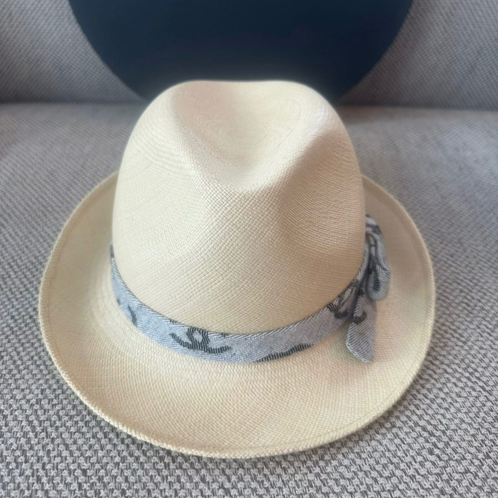 CHANEL Beige Straw Denim Ribbon CC Fedora